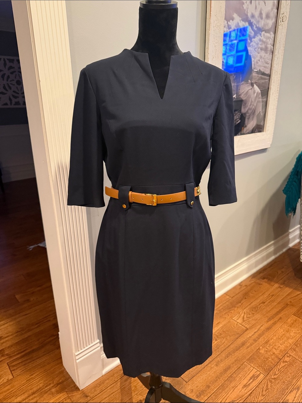 Dark navy blue Tahari dress with belt